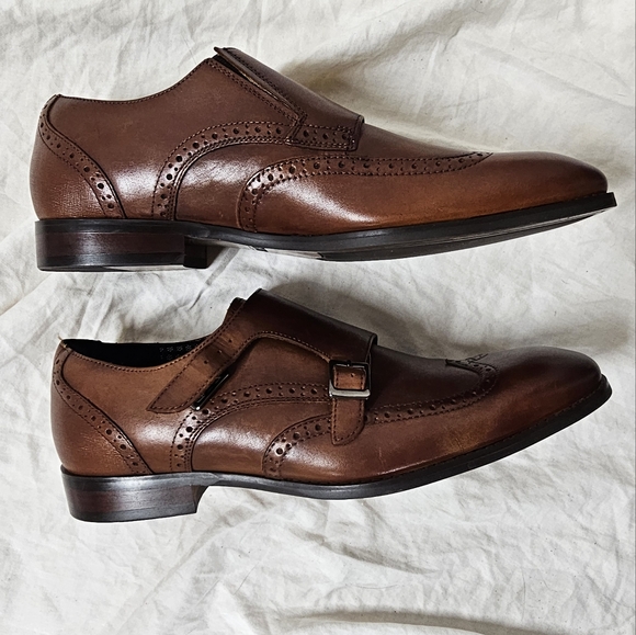 Size 9.5 Stacy Adams Cognac Brown Karson Wingtip Monkstrap Dress Shoe - Picture 2 of 10